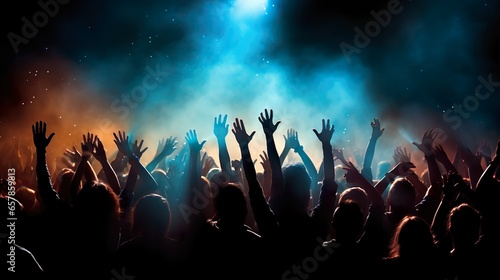 Dynamic Concert Crowd Applauding, Silhouettes in Hazy Nightscape, Celebrating Music, Dance, and Festive Happenings, Clapping Hands