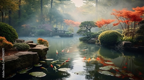 A serene Japanese garden with meticulously arranged fish in the pond, surrounded by lush greenery and colorful maple trees, creating an atmosphere of tranquility and beauty