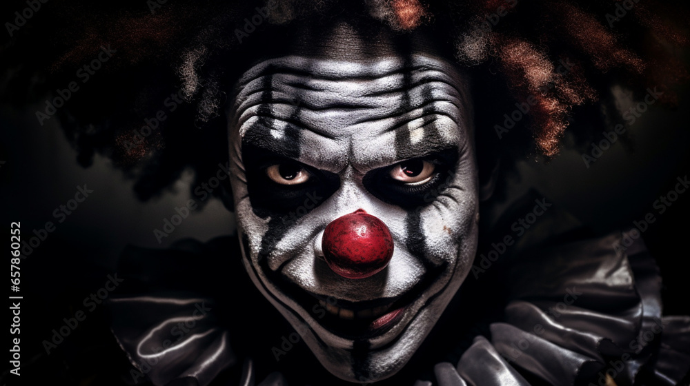 Angry clown, face contorted in rage, eyes wide and glaring. Angry clown, face contorted in rage, eyes wide and glaring.