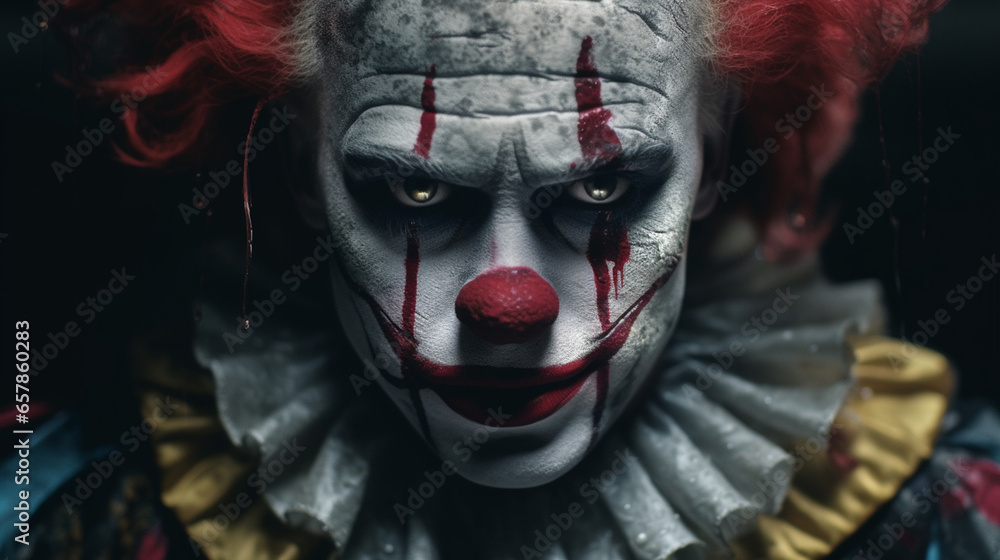 Angry clown, face contorted in rage, eyes wide and glaring. - obrazy, fototapety, plakaty 