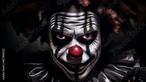 Angry clown, face contorted in rage, eyes wide and glaring. photo
