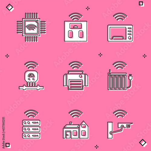 Set Processor with microcircuits CPU, Smart bathroom scales, microwave oven, sensor, printer, heating radiator, server and home wireless icon. Vector