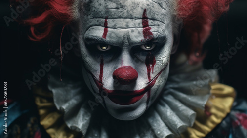 Angry clown, face contorted in rage, eyes wide and glaring.