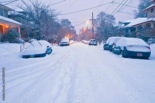 Snow Covering A Residential Street (Se 35Th Avenue); Portland, Oregon, Usa photo