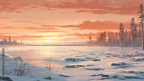 A serene snow-covered landscape at dusk, with soft orange hues casting long shadows on the glistening trees and frozen lake