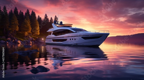 a serene sunset scene by the tranquil lake, featuring a sleek, modern yacht anchored near the shore © Muslim
