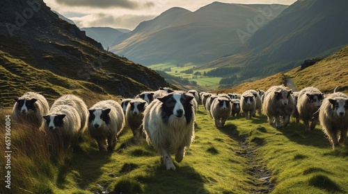 A sheepdog herding a flock of sheep through a narrow, winding path in the highlands