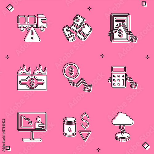 Set Stop delivery cargo truck, Credit card, Mobile stock trading, Burning dollar bill, Dollar rate decrease, Calculation of expenses, Global economic crisis news and Drop crude oil price icon. Vector