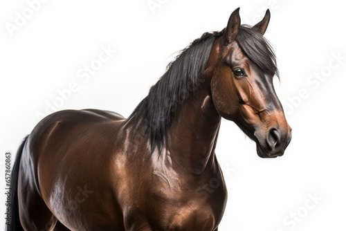 Brown Andalusian horse against white backdrop. Generative AI