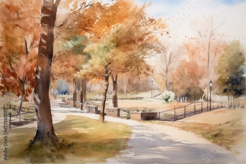 Watercolor-style painting of a park landscape with an impressionist touch. Generative AI