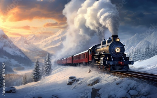 A vintage train moves through snowy landscape emitting smoke from its chimney. Generative AI