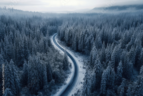 Aerial perspective of a winter forest with a winding road or trail