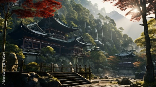 A sprawling, centuries-old Japanese temple complex, nestled in a forested valley, exuding an aura of tranquility
