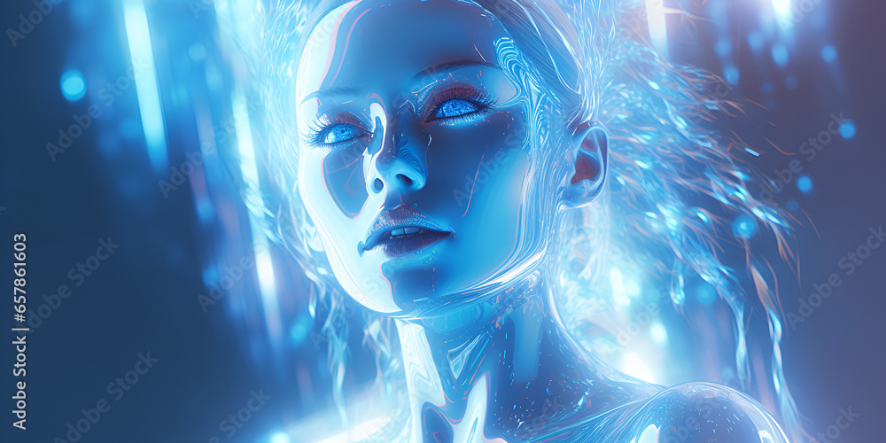 Futuristic and mystic woman with blue skin, close up portrait 