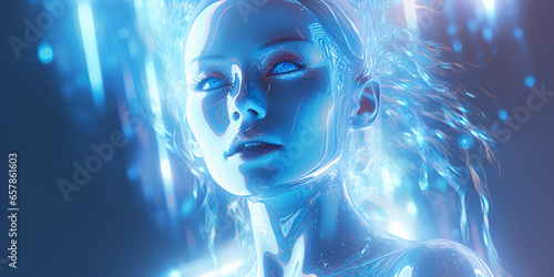 Futuristic and mystic woman with blue skin, close up portrait 