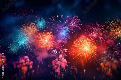 Colorful fireworks on dark sky background for celebration happy new year and merry christmas. Colorful fireworks of various colors over night sky. New Year celebration background