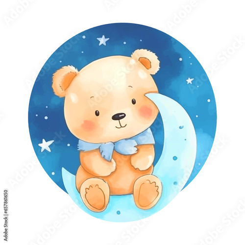 Cute teddy bear resting on the moon watercolor painting