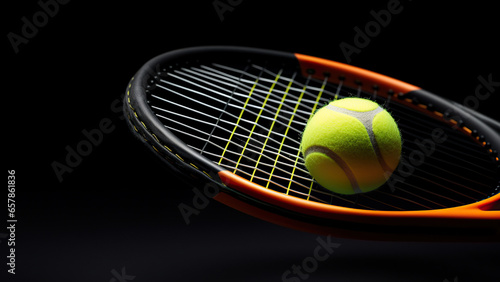 Tennis racket and tennis ball on a black background. 