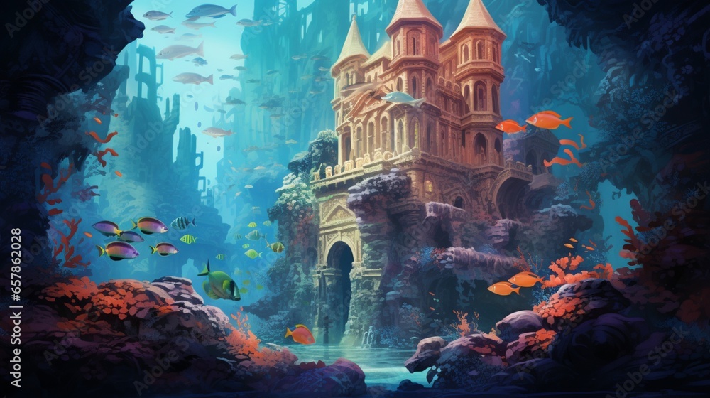Obraz na płótnie a surreal underwater world with a school of luminescent fish gliding gracefully around a coral reef w salonie