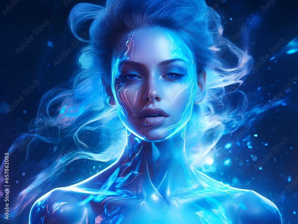 Beautiful futuristic woman with brown hair, glowing blue background