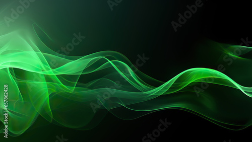 Abstract background from waves in black and green neon colors with smoke. 
