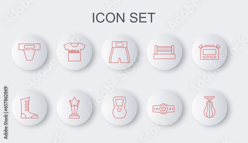 Set line Punching bag, Sport boxing shoes, Boxing short, belt, Groin guard, T-shirt with fight club MMA, Award cup and Kettlebell icon. Vector