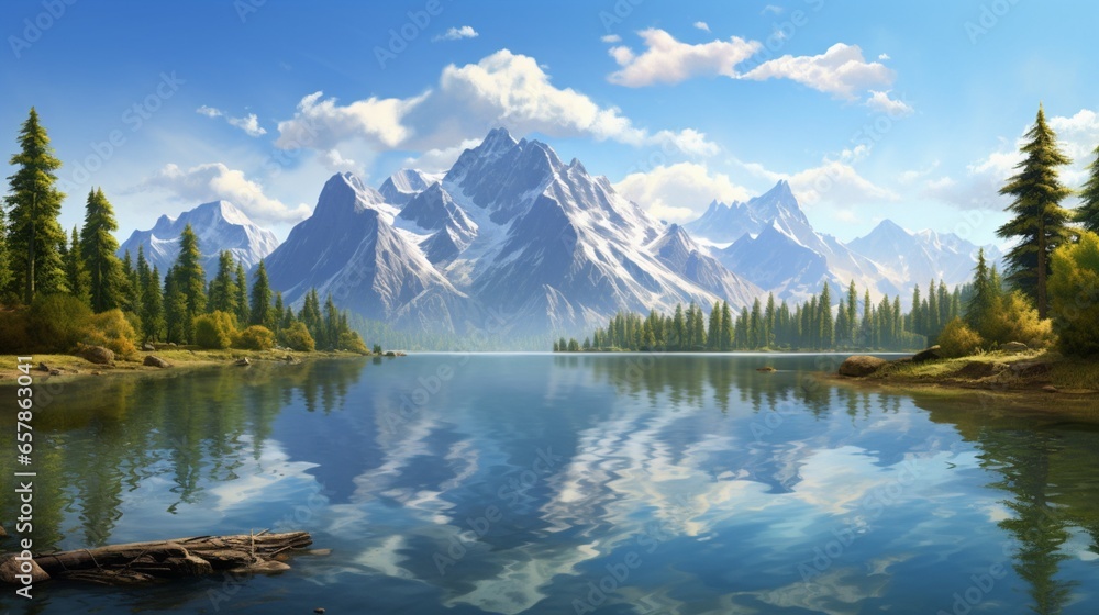 a tranquil lakeside scene, with a mirror-like lake reflecting the surrounding mountains and a clear blue sky