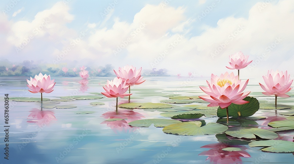 a tranquil lotus pond, with the exquisite pink blossoms and round leaves floating gracefully on calm waters