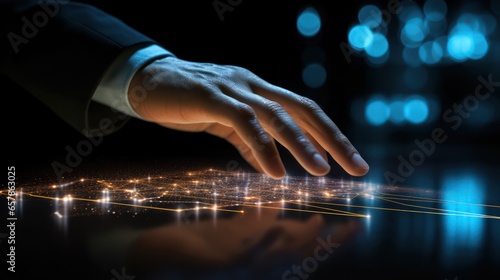 Data analytics concept. Hand touches stream of glowing generated datum to connect and reveals predictive trends of data, information, 