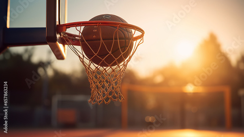 A basketball hitting the hoop against the background of the sports field and the sunset.