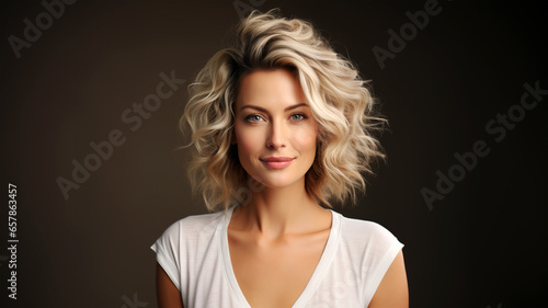 Portrait of beautiful woman blonde on dark background, entrepreneur and business lady, concept of female leadership