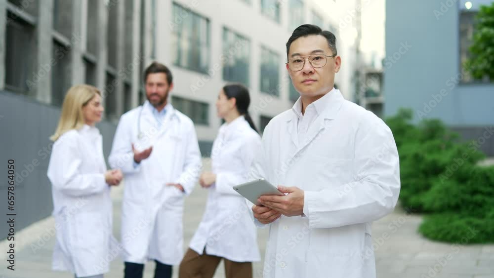 Portrait of a serious Asian doctor, medical practitioner. Looking into the camera near a modern clinic or hospital building. Mature Scientist or healthcare worker wearing glasses outside outdoors Portrait of a serious Asian doctor, medical practitioner. Looking into the camera near a modern clinic or hospital building. Mature Scientist or healthcare worker wearing glasses outside outdoors