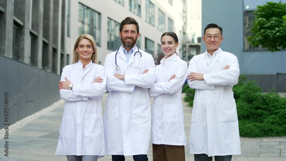 Portrait of a team of doctors, healthcare workers or scientists looking at the camera Happy joyful smiling medical diverse medical staff near a hospital or clinic building posing outdoor, outside Portrait of a team of doctors, healthcare workers or scientists looking at the camera Happy joyful smiling medical diverse medical staff near a hospital or clinic building posing outdoor, outside
