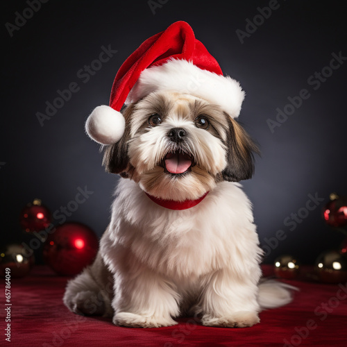 cute shitzu wearing santa hat, sitting, isolated on background 