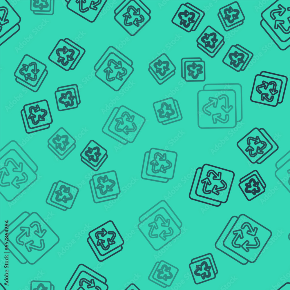 Black line Recycle symbol icon isolated seamless pattern on green background. Circular arrow icon. Environment recyclable go green. Vector Black line Recycle symbol icon isolated seamless pattern on green background. Circular arrow icon. Environment recyclable go green. Vector