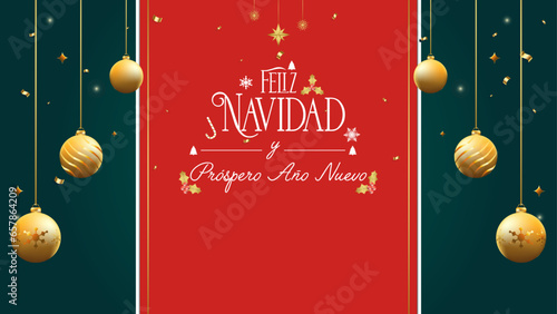 Merry Christmas and Happy New Year in Spanish with gold decorations: Invitation and ribbon made with elements of star, holly, candy cane, Christmas tree, confetti and Christmas ball.