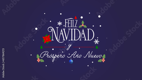Template for Christmas and New Year background with decorations, Christmas tree, candy cane and snow. Christmas and New Year card in Spanish.