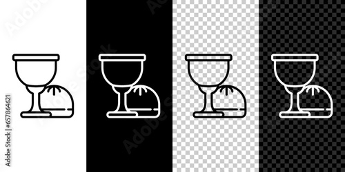 Set line Holy grail or chalice icon isolated on black and white,transparent background. Christian chalice. Christianity icon. Vector