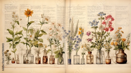 an antique apothecary's ledger, filled with handwritten formulas and botanical illustrations