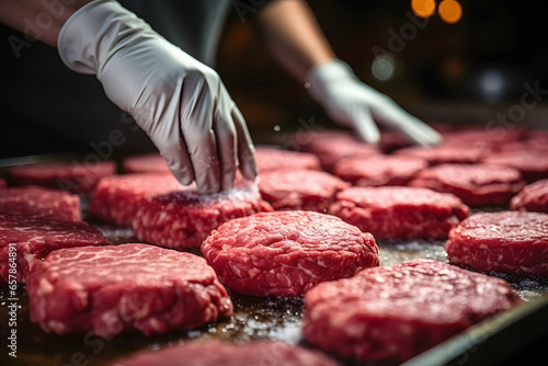  Man hand make burger with minced meat. photo