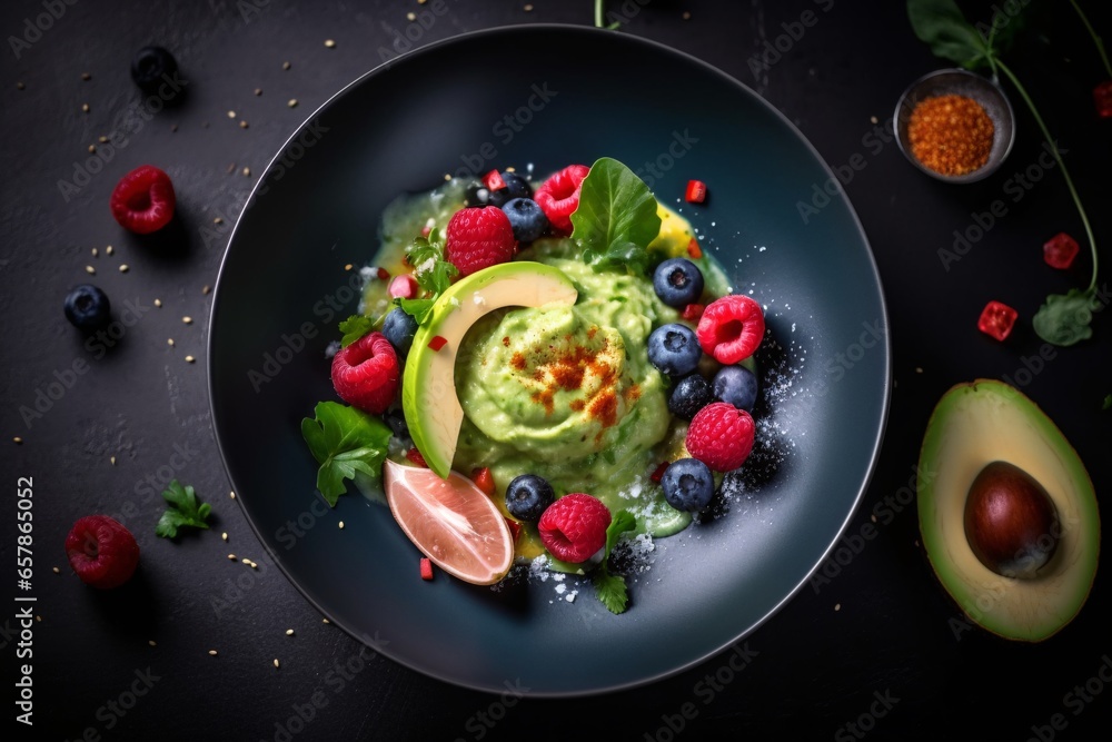 Healthy breakfast bowl with avocado, raspberry, blueberry, grapefruit and spinach on black background