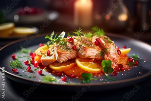 Salmon with orange and pomegranate on a black plate