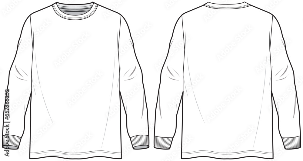 Men's long sleeve Crew neck T Shirt flat sketch fashion illustration drawing template mock up with front and back view - obrazy, fototapety, plakaty 
