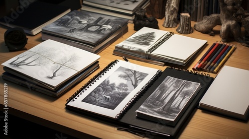 an assortment of professional-grade sketchbooks, charcoal pencils, and erasers © Muslim