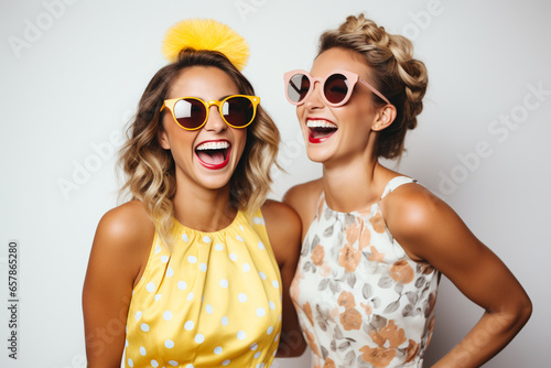 Girlfriends in a party mood with colorful short dresses making faces and using funny props for a photo booth, white background