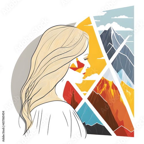 simple flat 2d logo style cute young blondehaired woman overlooking the mountain view abstract vector lines illutsration picasso style white background facing away  photo