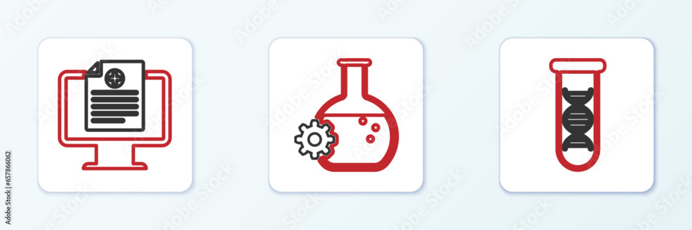 Set line DNA research, search, Clinical record on monitor and Bioengineering icon. Vector Set line DNA research, search, Clinical record on monitor and Bioengineering icon. Vector