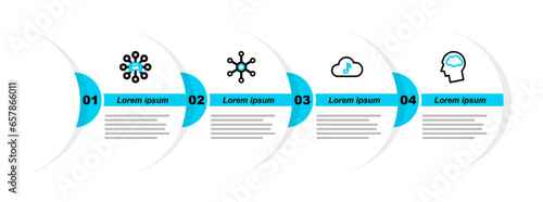 Set line Head silhouette with cloud, Music streaming service, Network and Car sharing icon. Vector