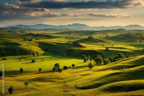 Vibrant landscape with rolling hills and lush meadows. Generative AI © Natalia