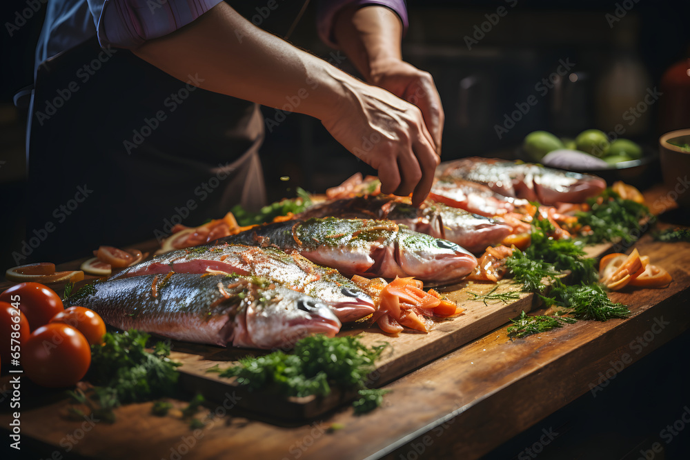 Chef prepare fresh fish on wooden board at kitchen.